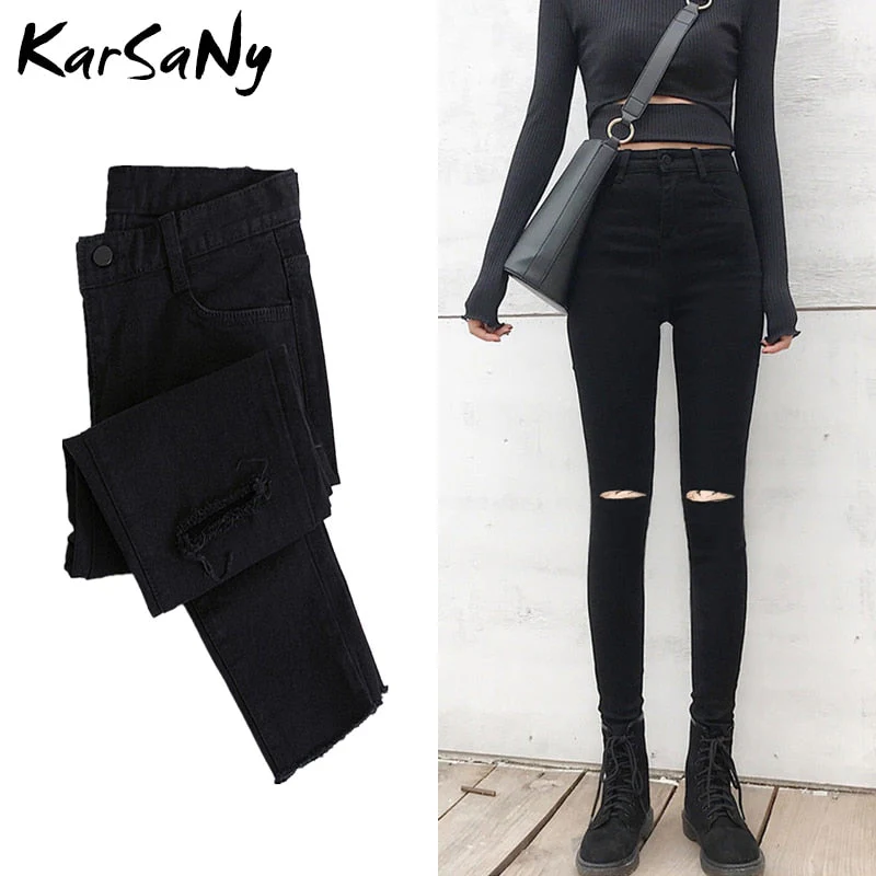 Back To School Skinny Ripped Jeans For Women  Stretch High Waist Black Jeans With Holes Destroyed Women Denim Pants With Holes Summer Jean - Deanwangkt