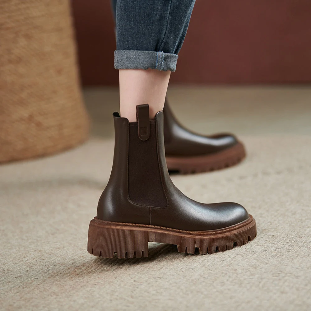 DEANWANGKT WHNB  New Cow Leather Chelsea Boots Women Slip on Ankle Boots Brown Fashion Genuine Leather Boots Ladies Fashion Shoes - Deanwangkt