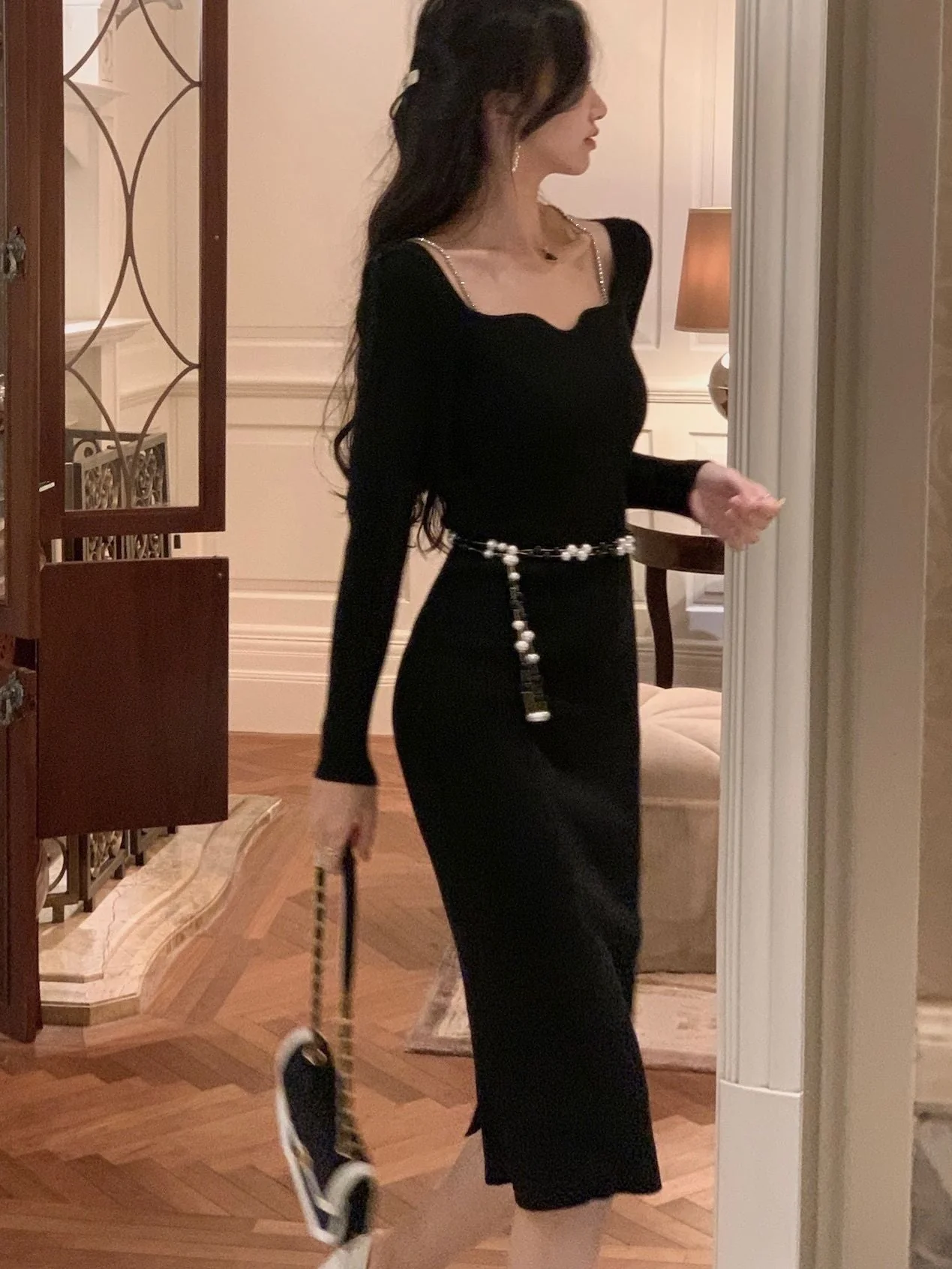 deanwangkt French Square Neck Knitted Midi Dresses Women New Autumn Sexy Bodycon Elegant Party Evening Fashion One Piece Female Clothing - Deanwangkt