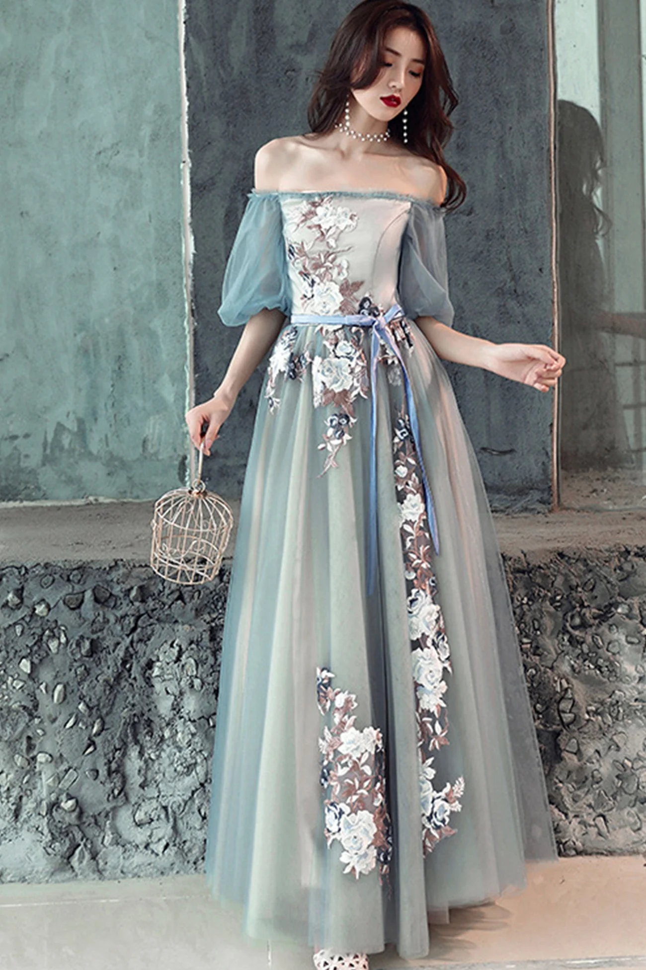 solvbao Gray Tulle Lace Long Prom Dresses, Cute A-Line Evening Dresses - Deanwangkt