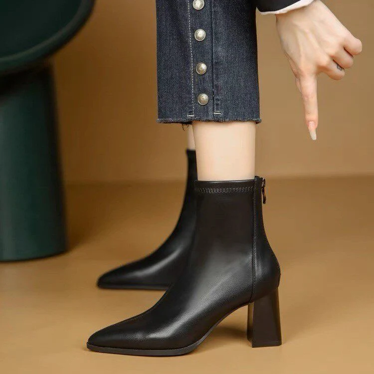 deanwangkt Autumn Women's Leather Boots High Heels Winter Woman White Elastic Thin Boots Shoes Pointed Thick Heel Dress Short Ankle B - Deanwangkt