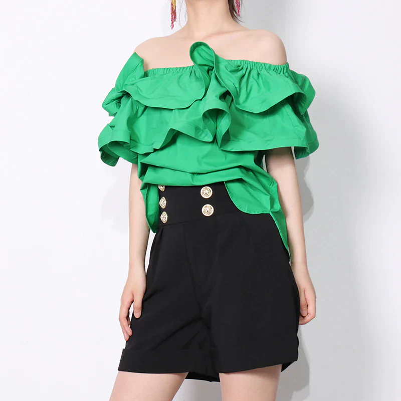 deanwangkt Ruffle Patchwork Short Blouse For Women Slash Neck Casual Solid Shirt Female Fashion New Clothing  Summer New - Deanwangkt