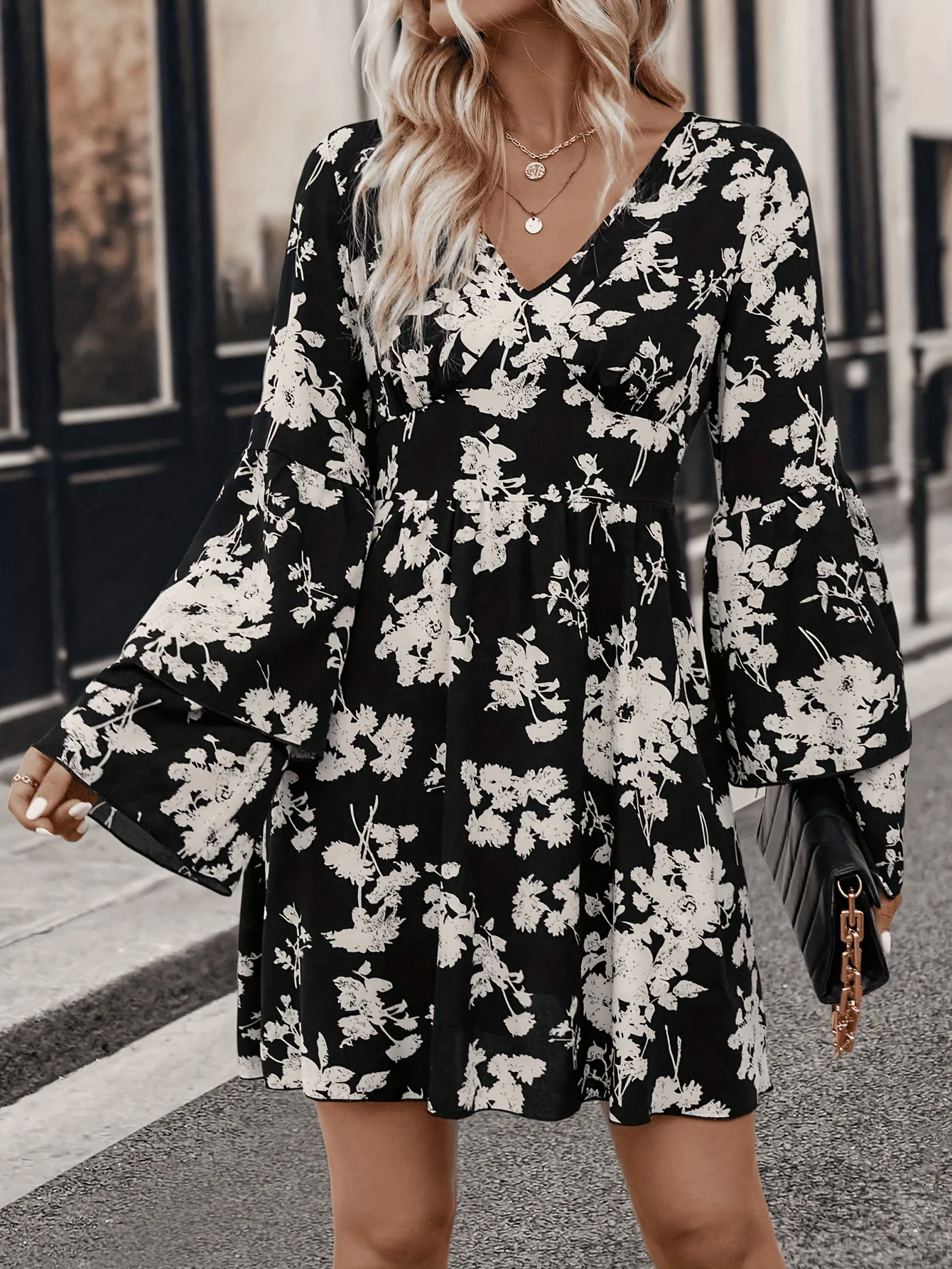 Floral Print Mini Dress, Elegant V Neck Flared Sleeve Dress, Women's Clothing - Deanwangkt