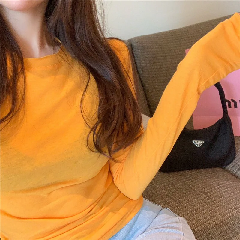 Wenkouban Long Sleeve Tops For Women Solid Cotton Tee Shirt Femme Korean Fashion Clothing Casual Tshirts Slim T-Shirt Tees Spring Autumn - Deanwangkt