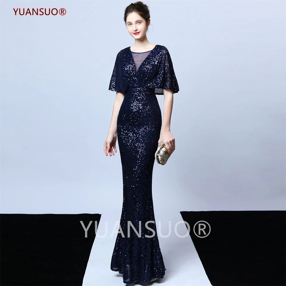 DEANWANGKT Golden Evening Dresses Mermaid Short Sleeves Sexy V Neck Evening Gown Elegant Glitter Bat Sleeves Formal Party Dress - Deanwangkt