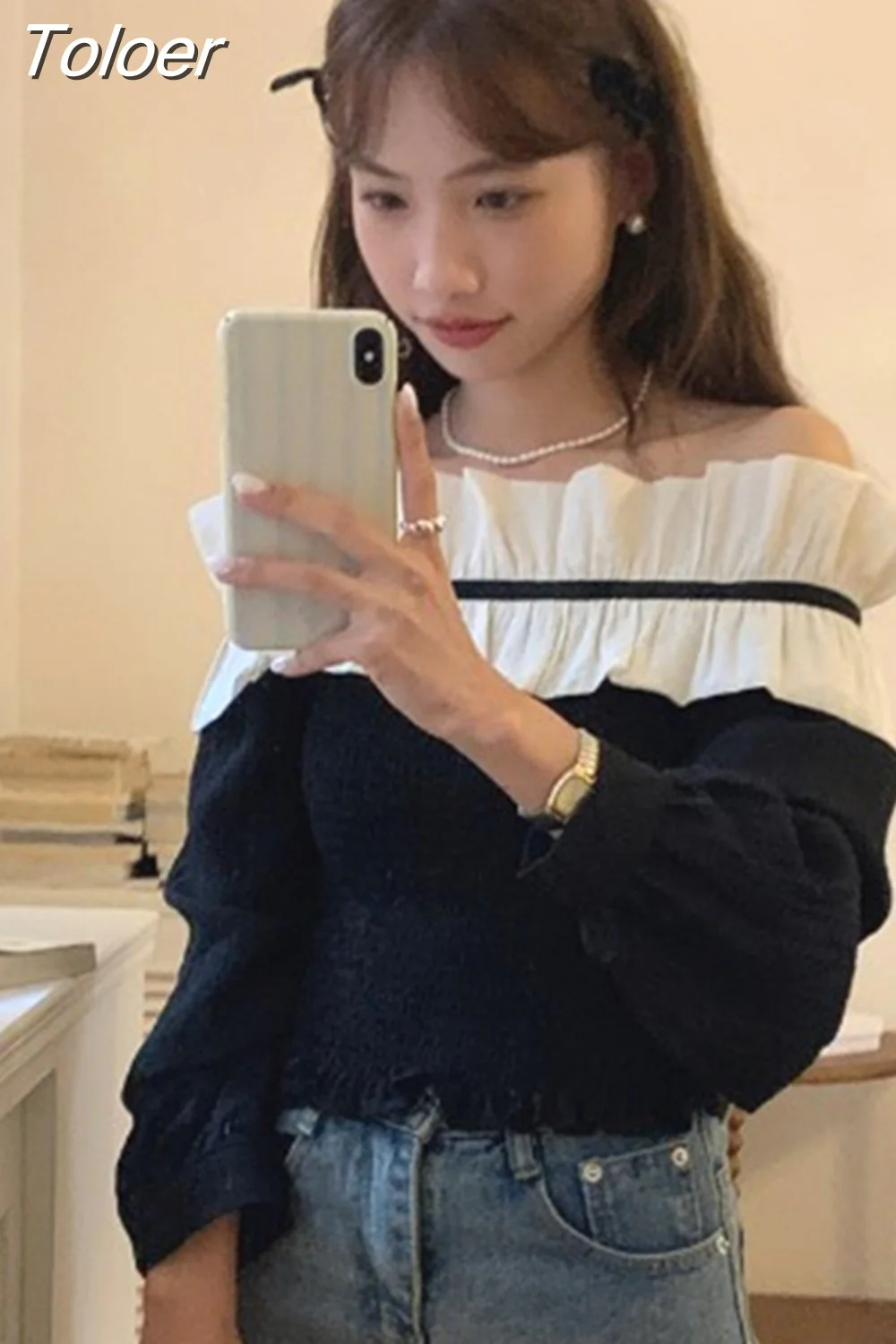 deanwangkt Blusas De Mujer Sexy Slash Neck Blouse for Women Temperament Tops Female Fashion Ruffles Slim Sweet Korean Blouses Shirt - Deanwangkt