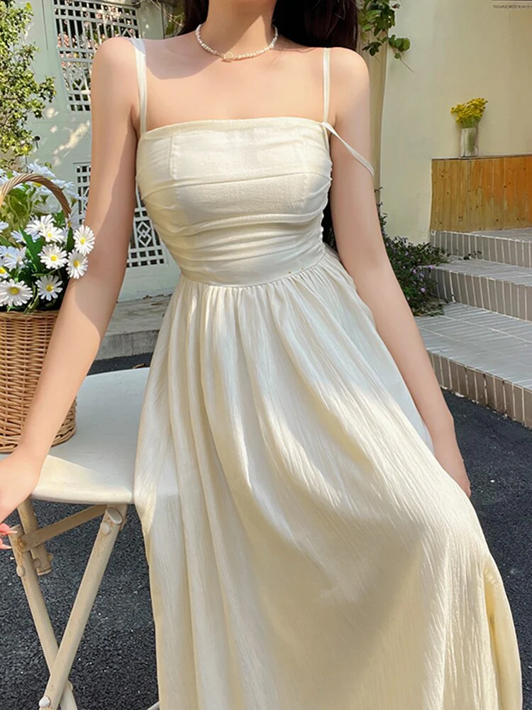 Joskka Pleated Corset Cami Midi Aesthetic Dresses Folds Bodycon Women Sleeveless High Waist Folds Elegant Vacation Pretty Hoco Dresses - Deanwangkt