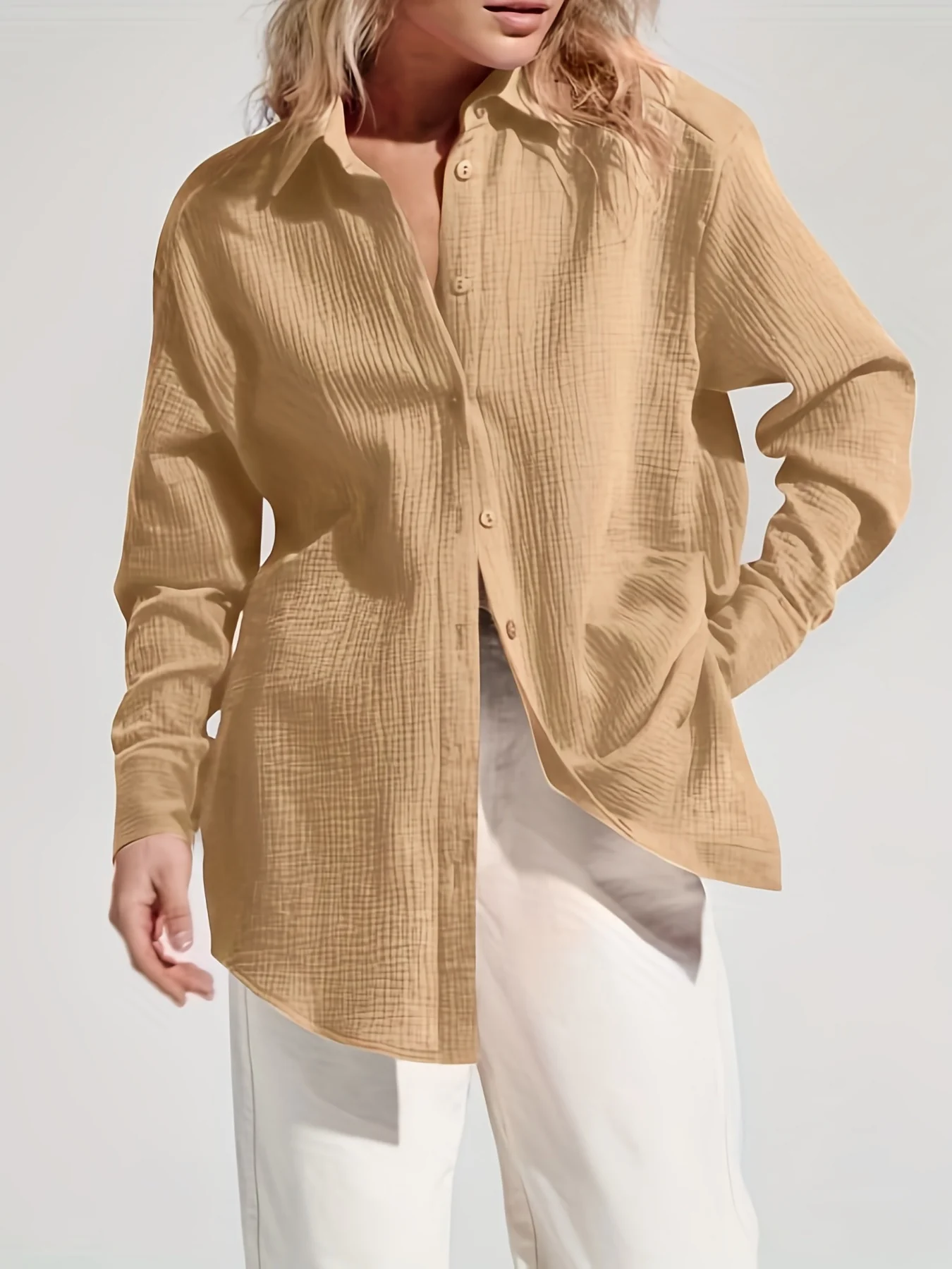 Solid Simple Shirt, Casual Button Front Long Sleeve Shirt, Women's Clothing - Deanwangkt