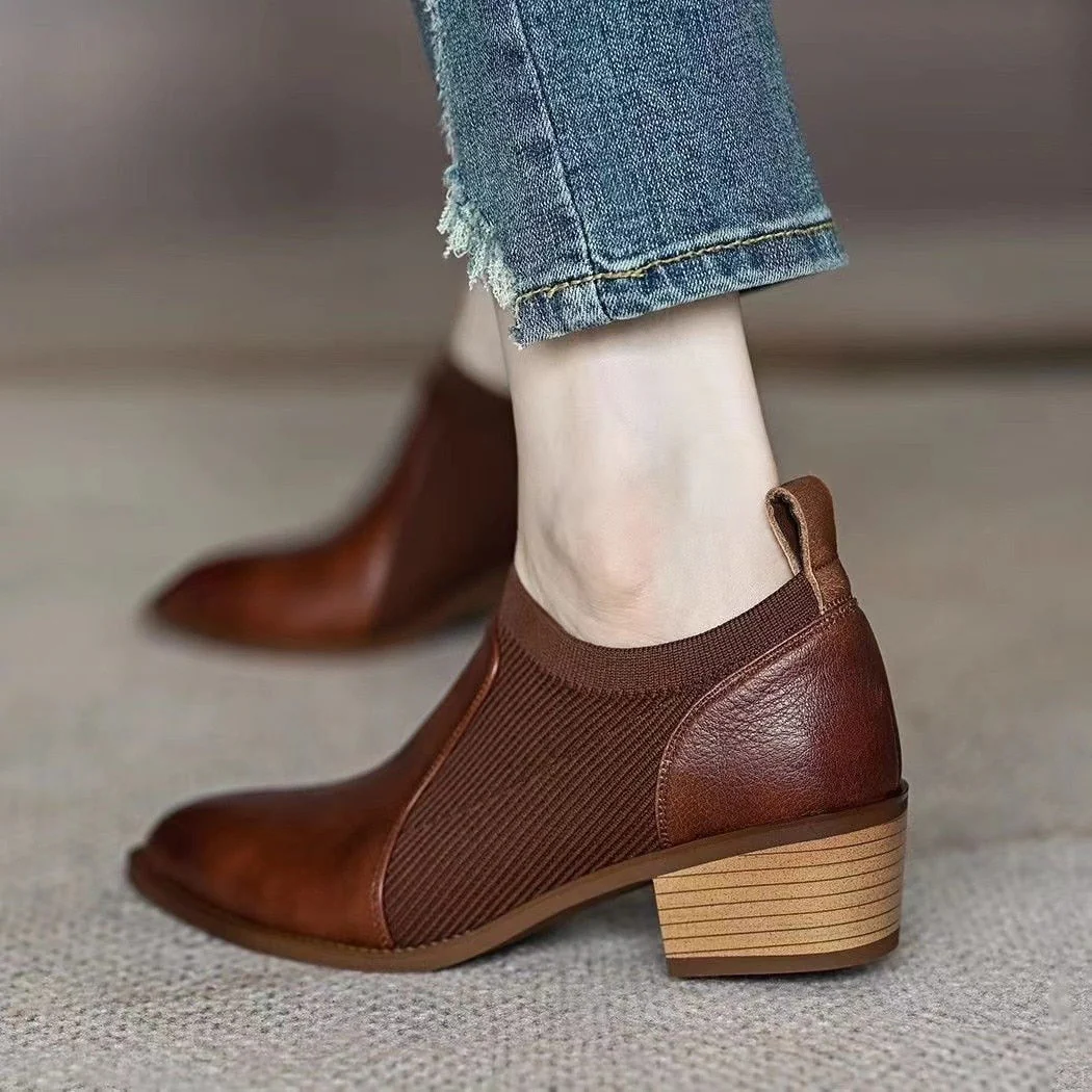 deanwangkt Autumn New Soft Work Shoes,Women Mid Heels,Stretch,Pointed Toe,Slip On British Style - Deanwangkt