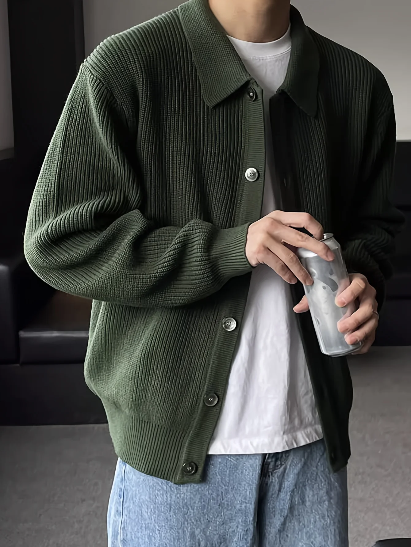 deanwangkt  Men's Stylish Solid Loose Cardigan, Casual Mid Stretch Breathable Long Sleeve Lapel Top For City Walk Street Hanging Outdoor Activities - Deanwangkt