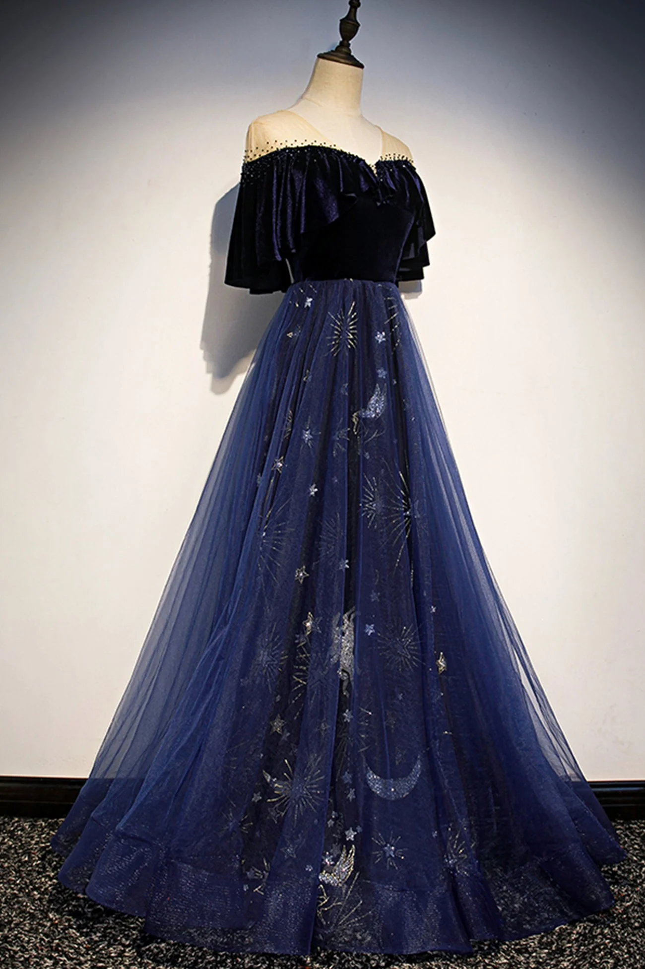 solvbao Blue Velvet Tulle Long Prom Dresses, Blue Formal Evening Dresses - Deanwangkt