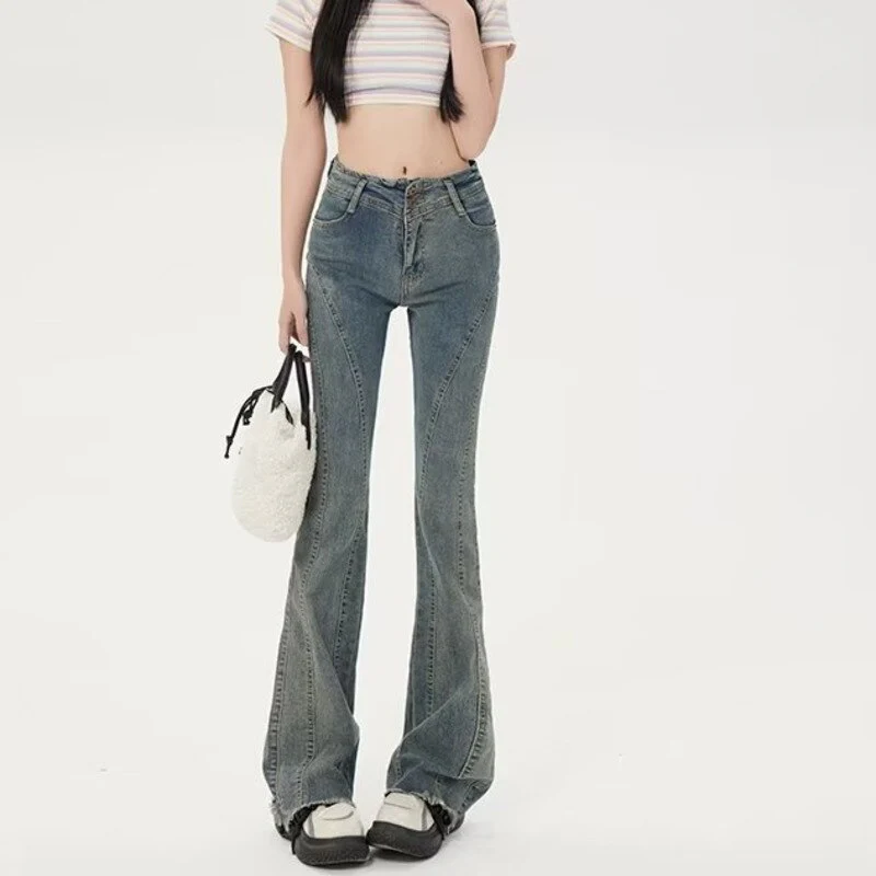 deanwangkt Small American Retro Micro Flared Jeans For Women With A Sense Of Design, Niche High Waisted And Slim, Versatile Floor Mop Pants - Deanwangkt