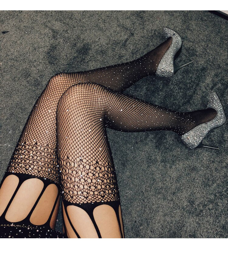 deanwangkt Fishnet Garter Socks Drill Black Stockings Women's Thin Sling Tights Black Diamond Lace JK Funny Socks Harajuku Fishnet Socks - Deanwangkt