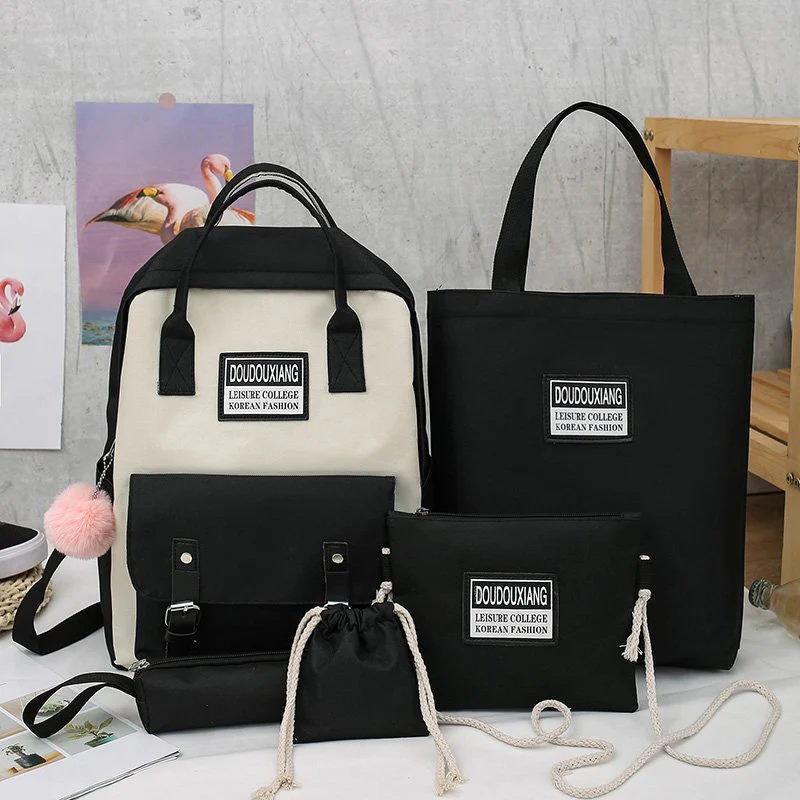 deanwangkt 5 pcs sets canvas School Bags For Teenage Girls Women New Trend Female Backpack Nylon Women Backpack Child Student Shoulder Bag - Deanwangkt