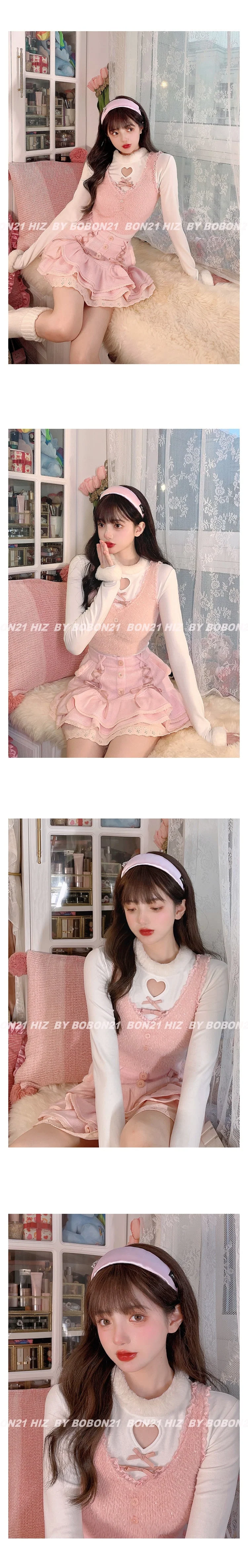 Japanese Pink Sweet Lolita Blouse Women Winter Warm Kawaii Knitted Blouse Female Long Sleeve Tops Korean Style Clothing  New - Deanwangkt