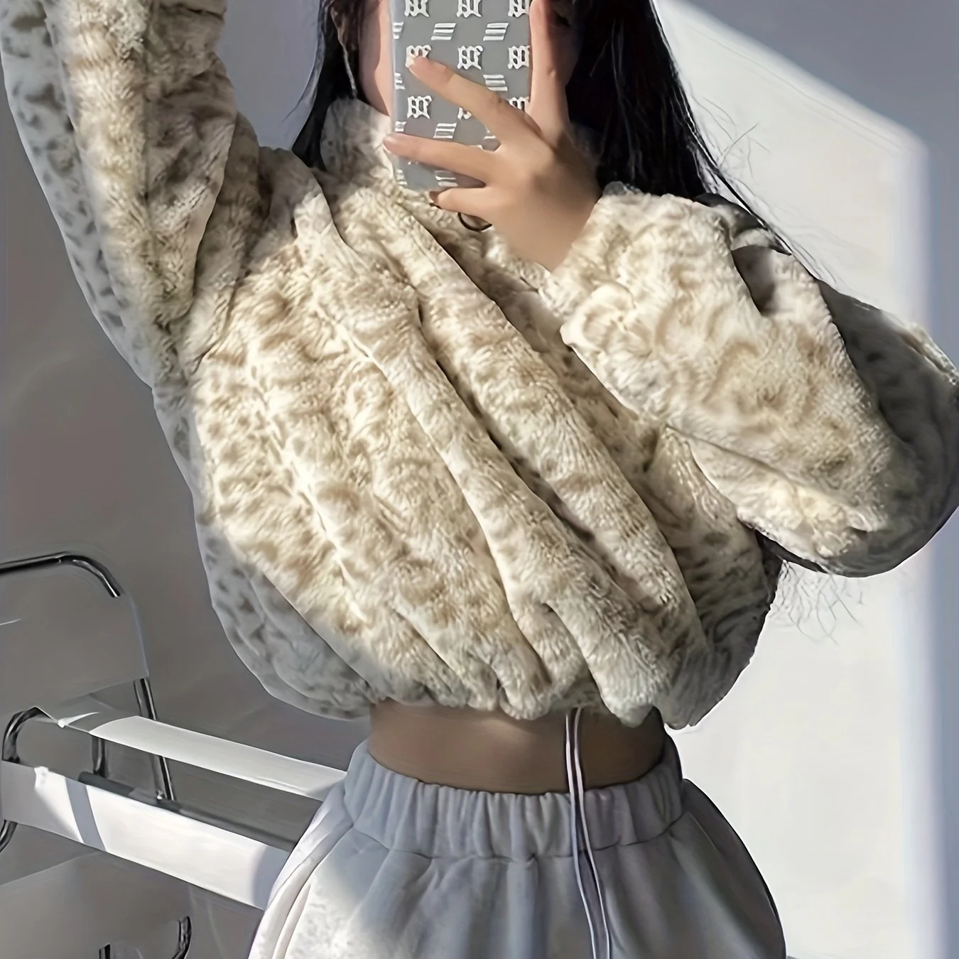 Leopard Plush Half Zipper Coat, Casual Long Sleeve Drawstring Crop Coat, Women's Clothing - Deanwangkt