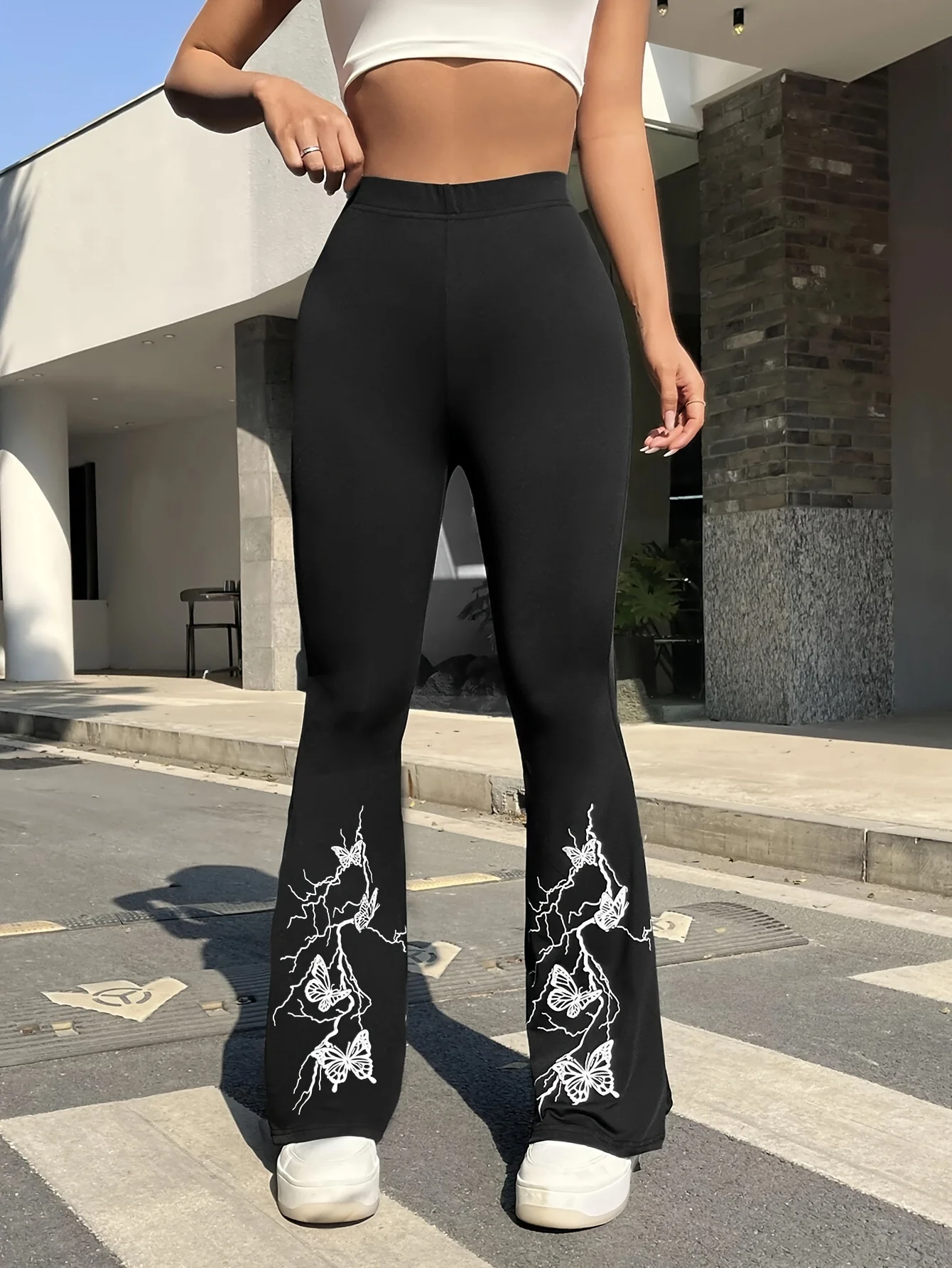 deanwangkt-1 Butterfly Print Flared Leg Pants, Casual High Waist Stretchy Pants, Women's Clothing - Deanwangkt