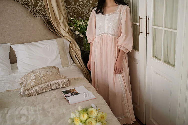 Hanxiuju Delicate Vintage Embroidery Cotton Women's Long Nightgowns Luxury Sleepwear Elegant Loose Nighty Spring Autumn Dress - Deanwangkt