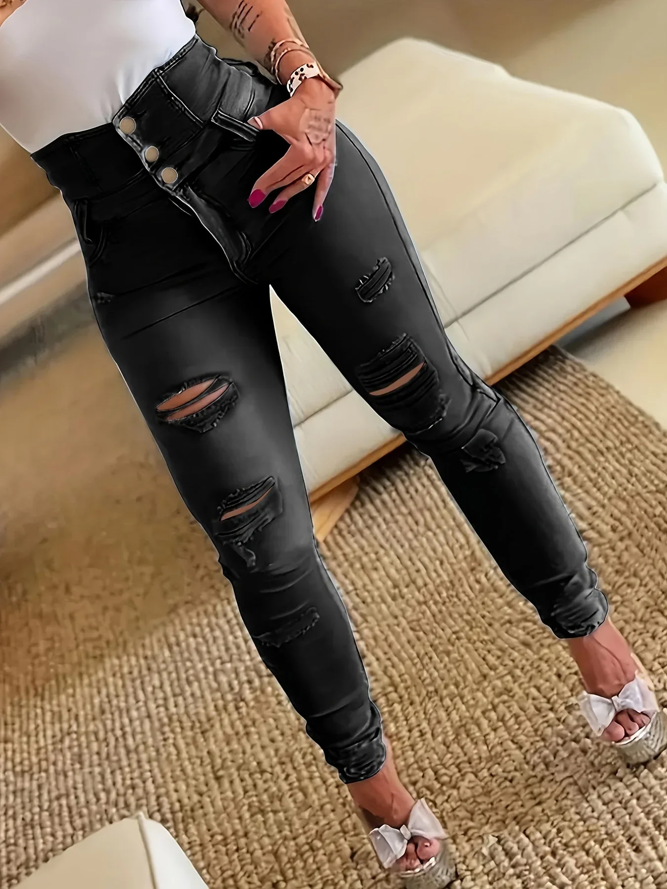 deanwangkt Ripped Holes Casual Skinny Jeans, Slash Pockets Distressed Single-Breasted Button High Waist Denim Pants, Women's Denim Jeans - Deanwangkt