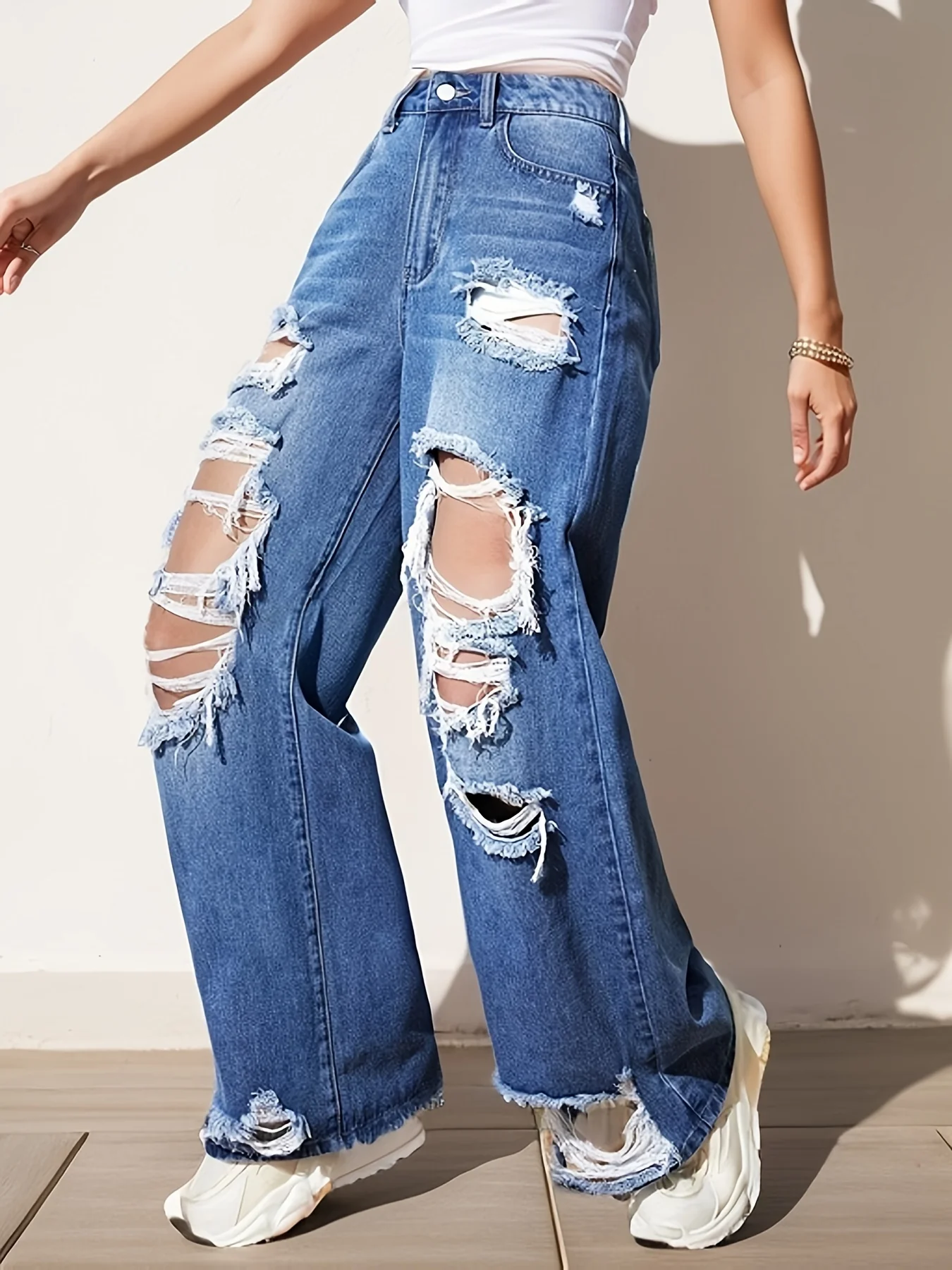 Ripped Straight Leg Loose Fit Jeans, High Rise Wide Legs Distressed Denim Pants, Women's Denim Jeans & Clothing - Deanwangkt