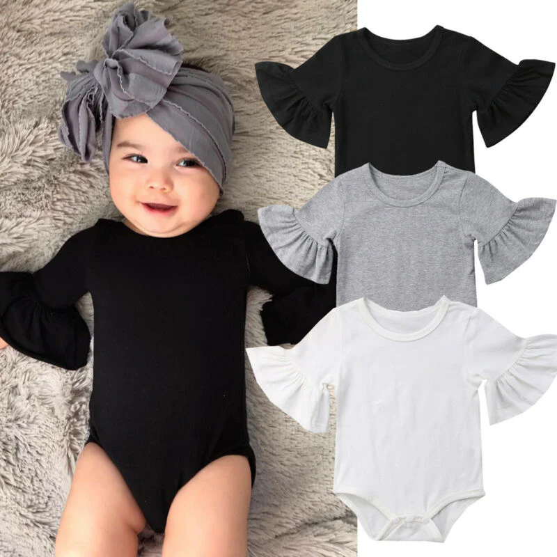 0-24M Newborn Baby Girl Flare Sleeve Solid Black White Grey Casual Romper Jumpsuit Outfits Baby Clothes Summer kids Suit - Deanwangkt