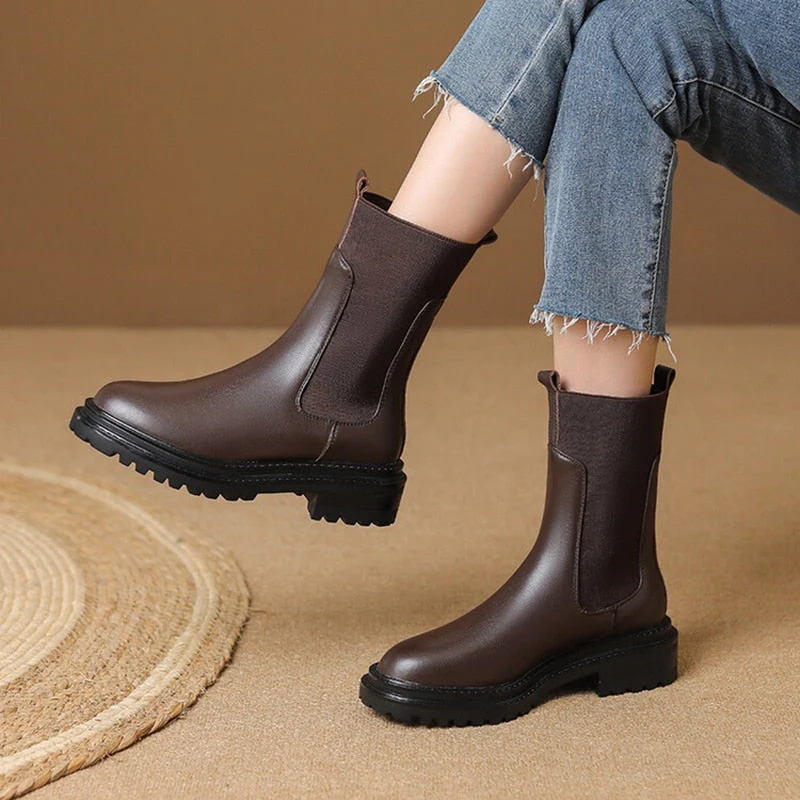 deanwangkt Autumn Shoes    Autumn Women Ankle Boots Round Toe Chunky Heel Boots Women Genuine leather Shoes Women Slip-on Black Boots Winter Shoes Women - Deanwangkt
