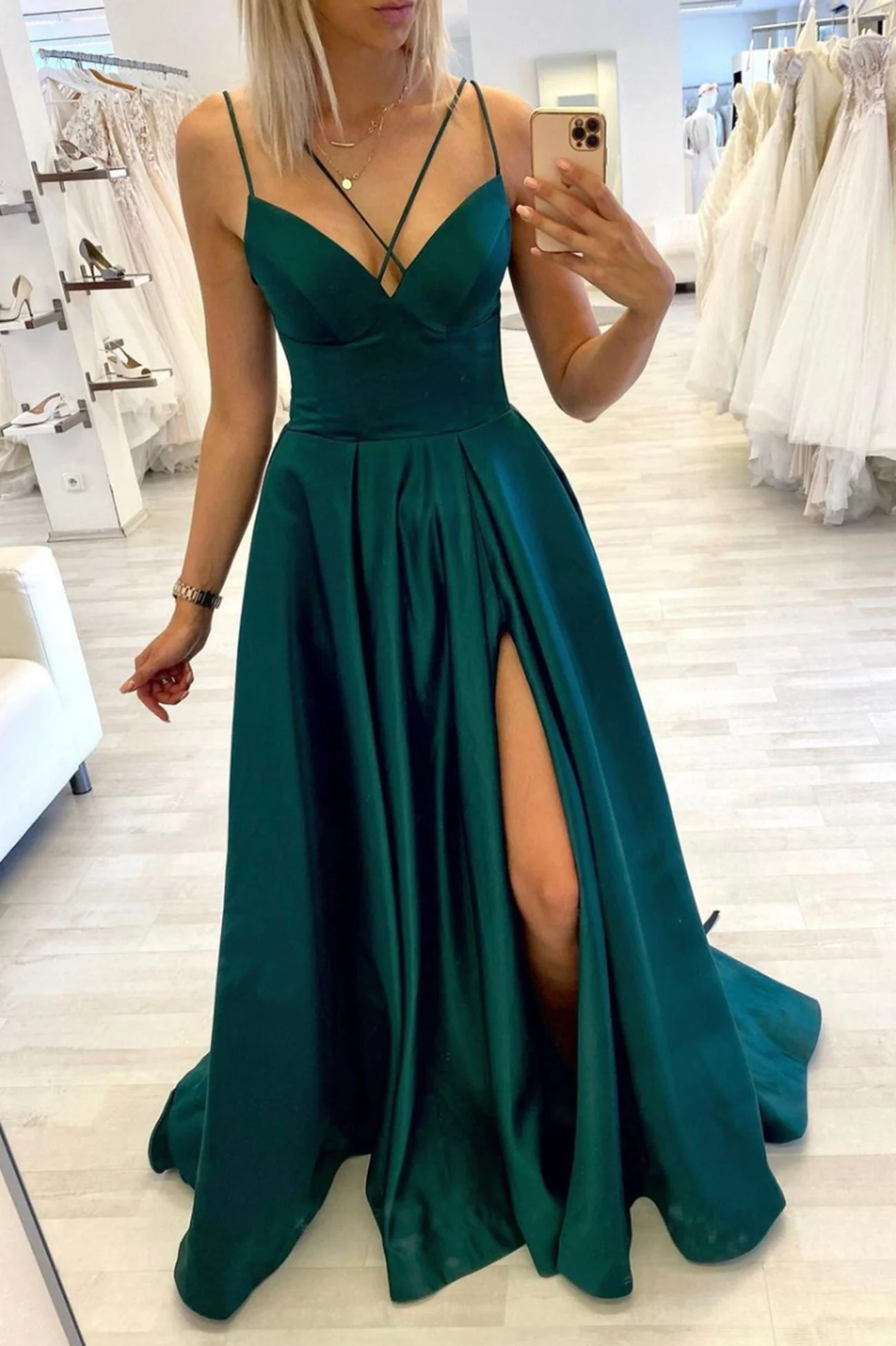 solvbao Green Satin Long Prom Dresses, A-Line Evening Party Dresses - Deanwangkt