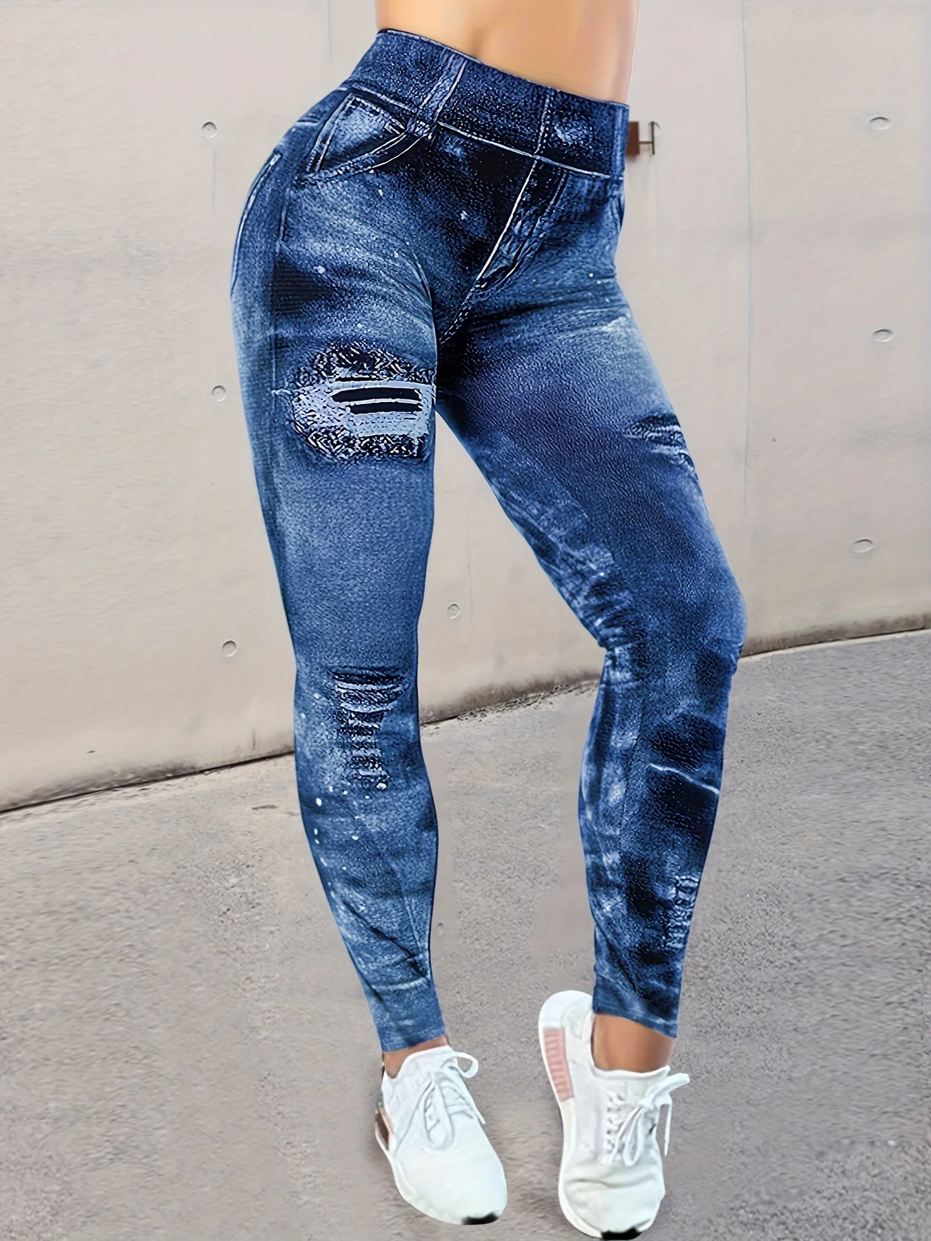 deanwangkt Faux Denim Stretch Sports Leggings, Tummy Control Butt Lifting Workout Running Yoga Tight Pants, Women's Activewear - Deanwangkt