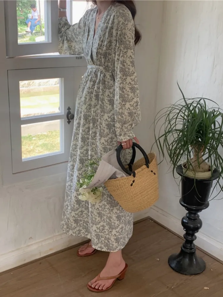 Joskka New  Chiffon Floral Printed High Waist Lace Up Korean Fashionable Elegant Vintage Women Spring Summer Long Dresses - Deanwangkt