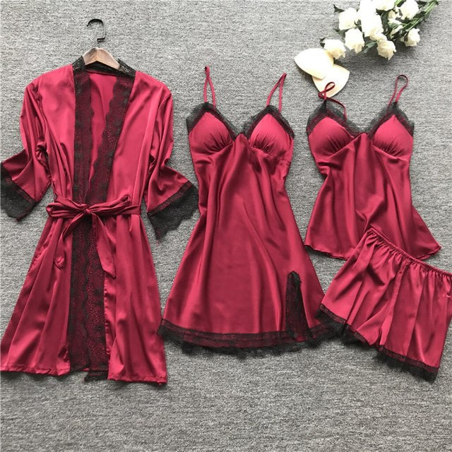 deanwangkt 4 Pieces  Women Pajamas Sets Satin Sleepwear Silk Nightwear Pyjama Soild Strap Lace Sleep Lounge Pijama With Chest Pads - Deanwangkt
