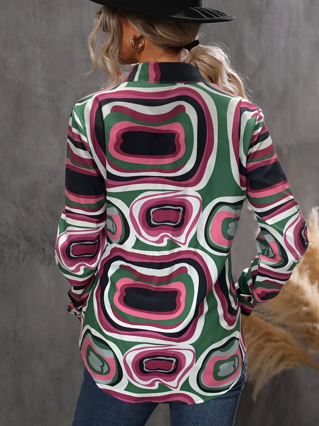 Abstract Print Shirt, Casual Button Front Long Sleeve Shirt, Women's Clothing - Deanwangkt