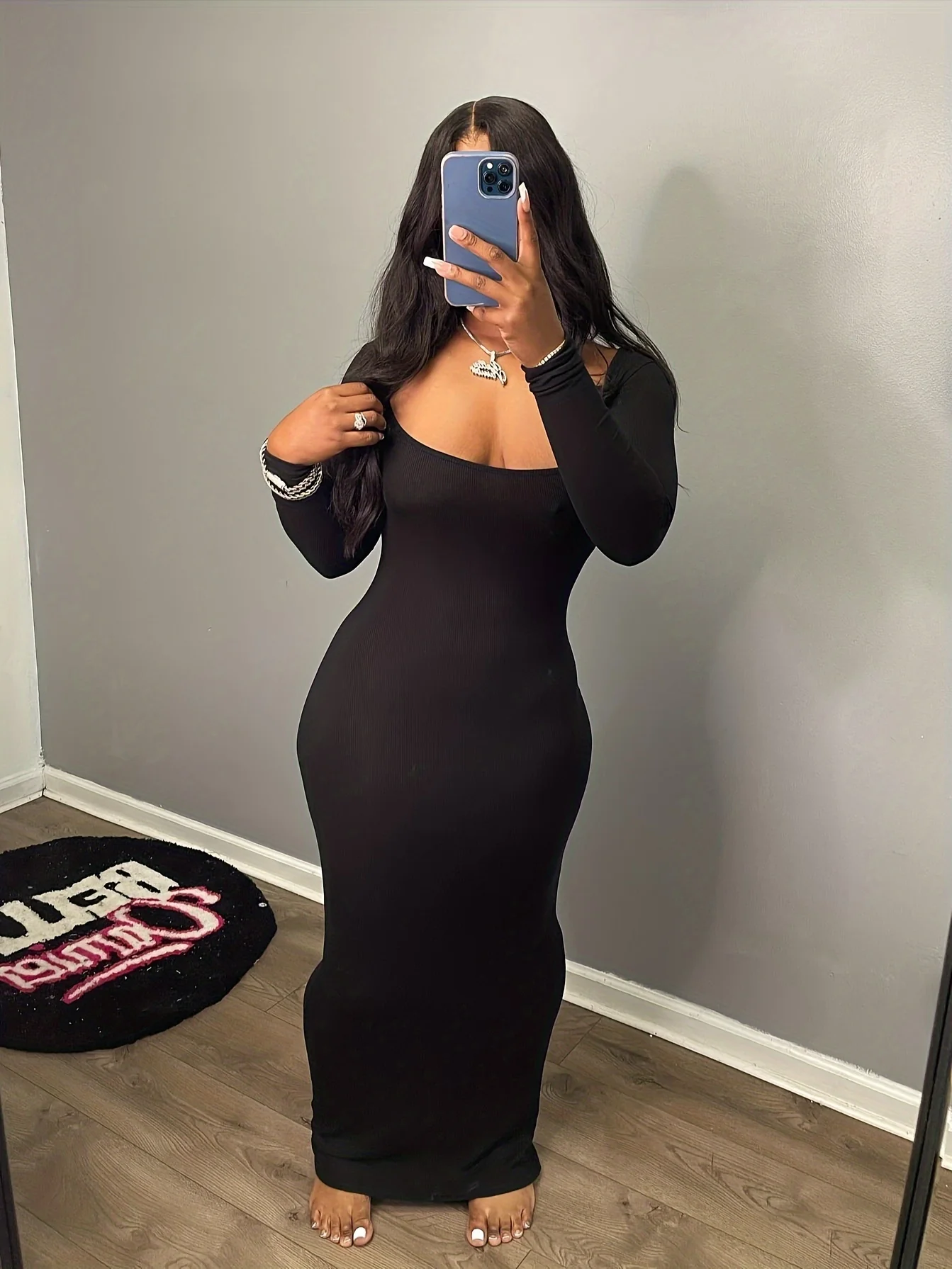 deanwangkt-1  Solid Bodycon Long Sleeve Dress, Casual Square Neck Maxi Length Dress For Spring & Fall, Women's Clothing - Deanwangkt