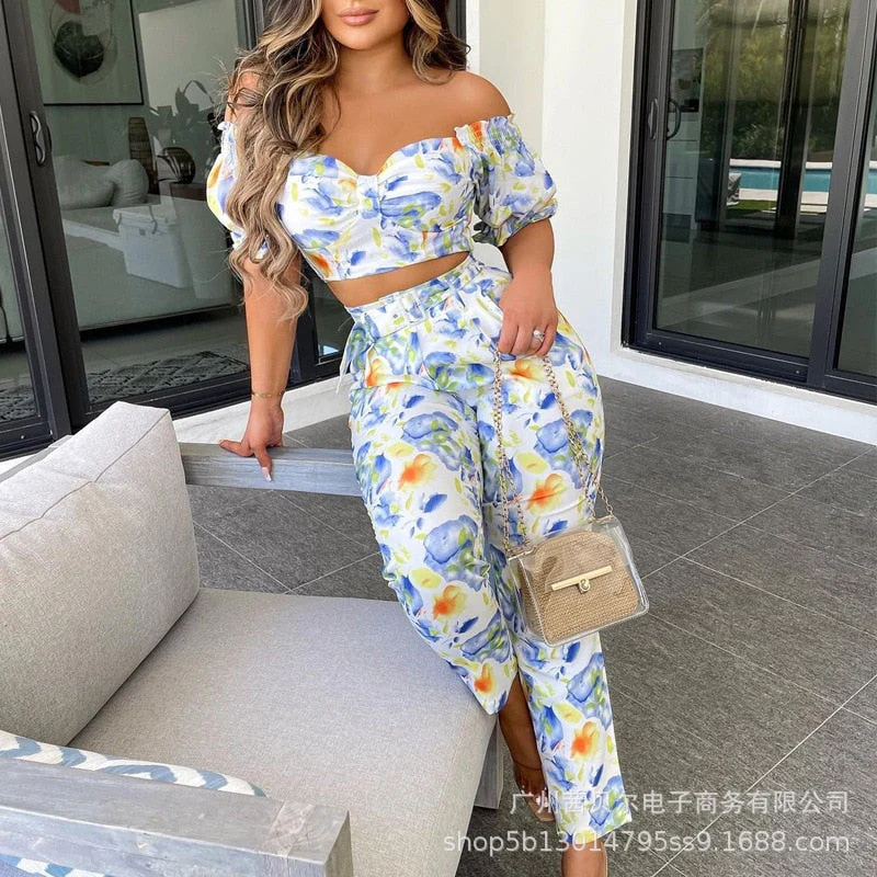 deanwangkt   women's summer new coat + trousers 2-piece suit fashion printed suit short piece one-piece collar - Deanwangkt