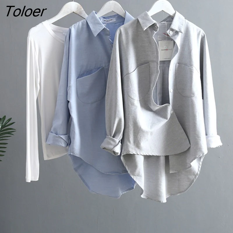 deanwangkt Spring Turn-down Collar Solid Women Shirt Oversized Long Sleeve Women Blouses Casual Pockets Female Shirts Tops Blusas 6658 - Deanwangkt