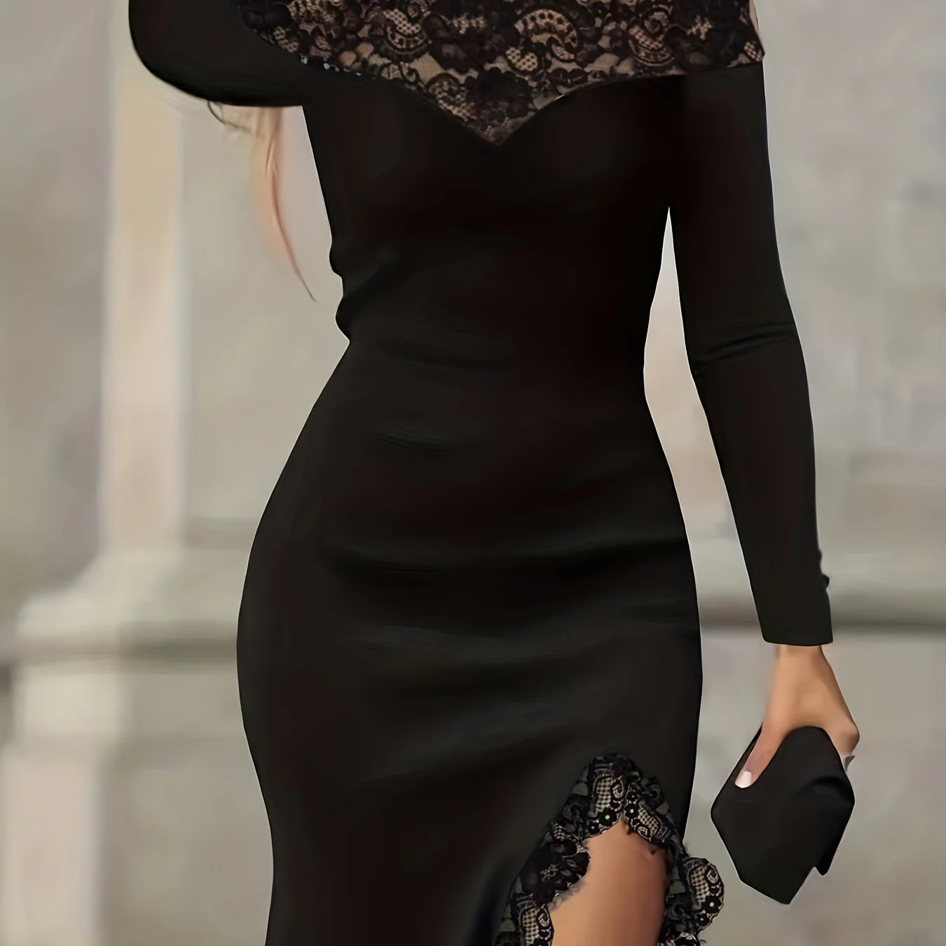 Contrast Lace Off-shoulder Dress, Chic Long Sleeve Split Hem Slim Dress, Women's Clothing - Deanwangkt