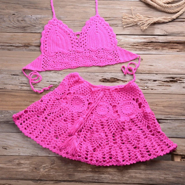 deanwangkt New crochet 2PCS/SET beach cover up sexy women bra top+mini A line skirts bikini swimsuit bathing suit cover ups dress - Deanwangkt
