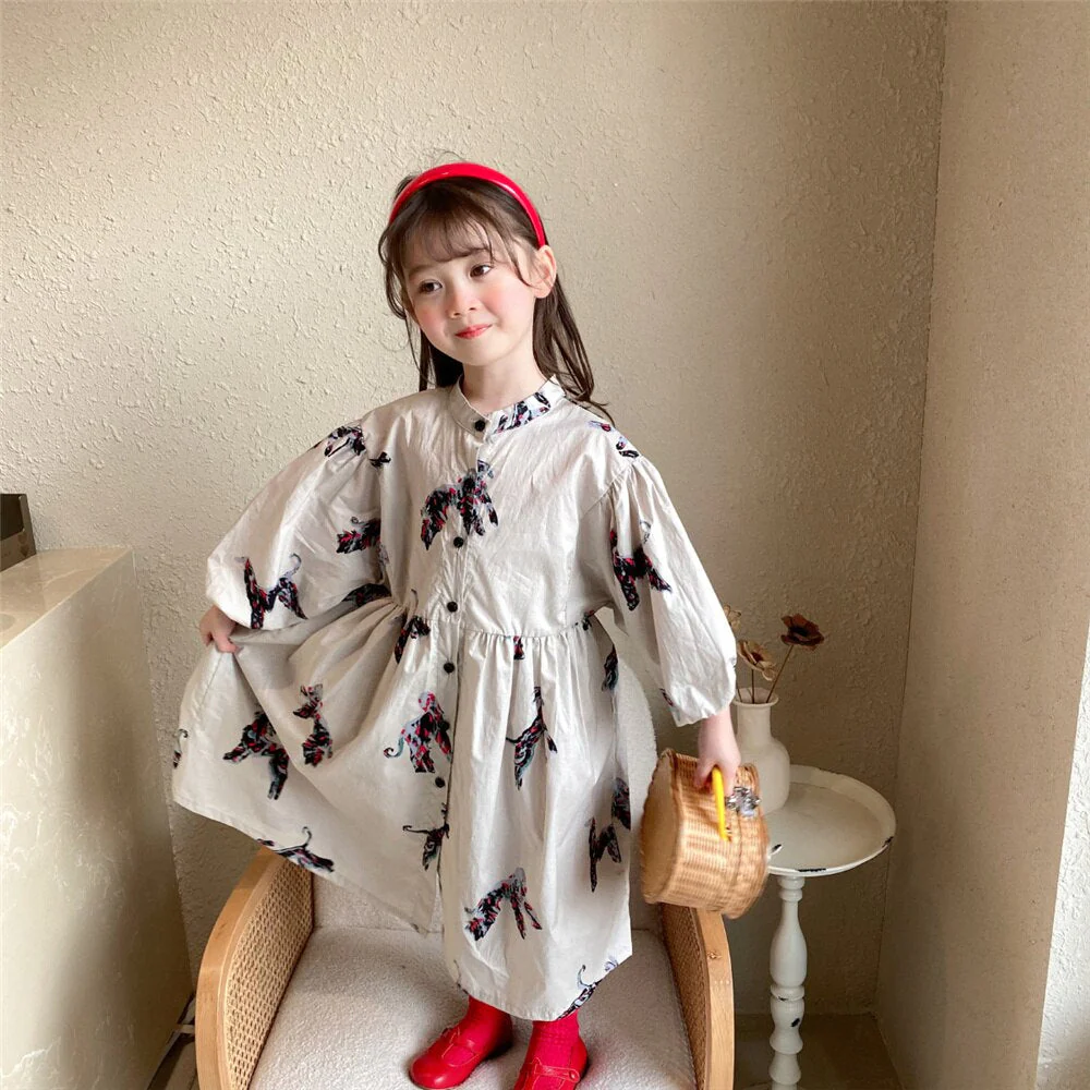 deanwangkt  Spring autumn kids colorful pony printing oversized long dress for girls cotton loose puff sleeve high quality dresses - Deanwangkt