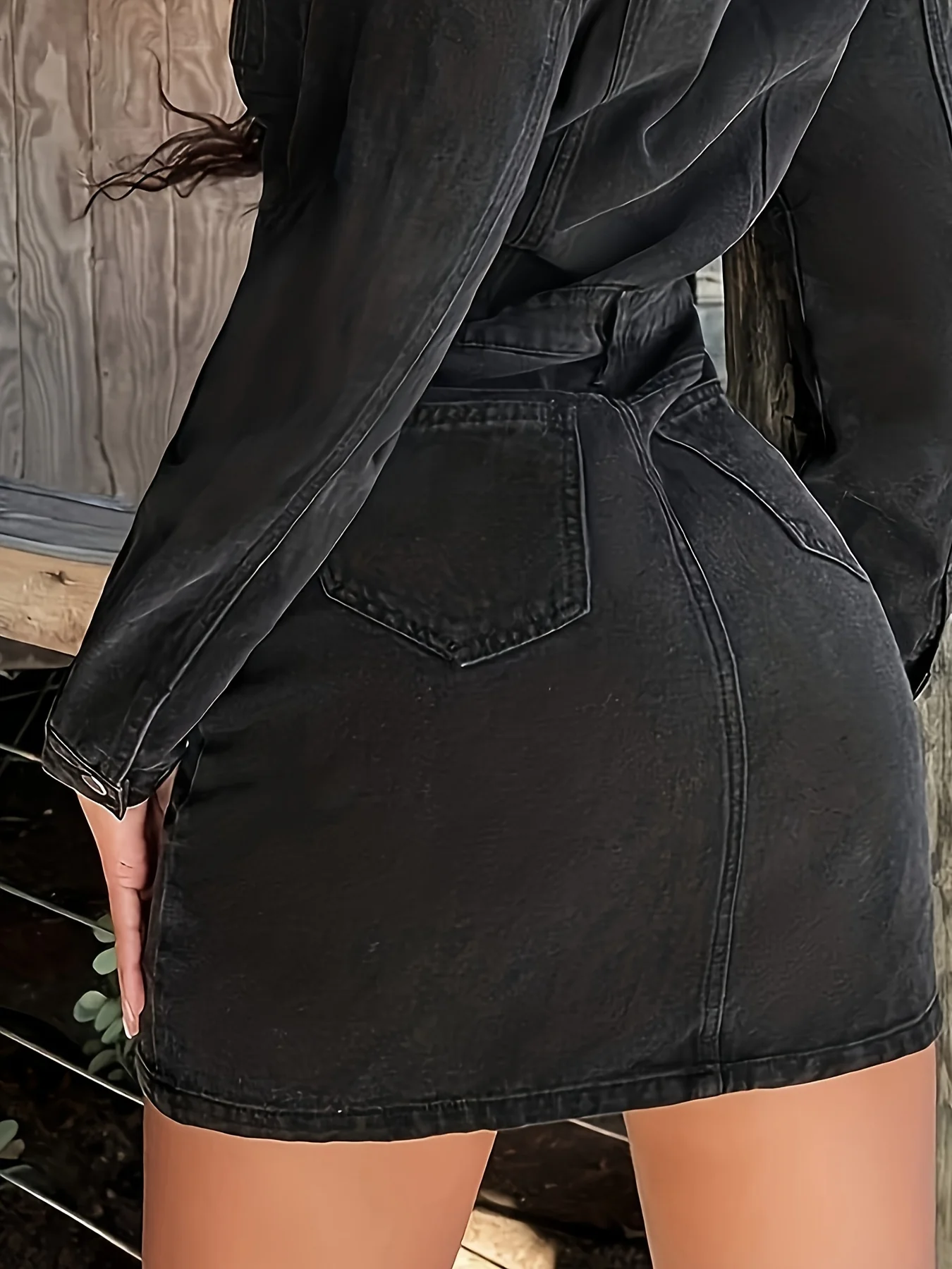 Black Washed Lapel Denim Dress, Single Breasted Button Flap Pockets Fashion Denim Dress, Women's Denim Clothing - Deanwangkt