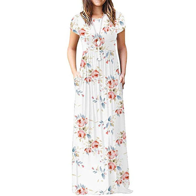 Summer Maxi Floral Dress Women Long Party Dress Ladies Loose Pocket Short Sleeve Casual Dress Robe Femme Sundress - Deanwangkt