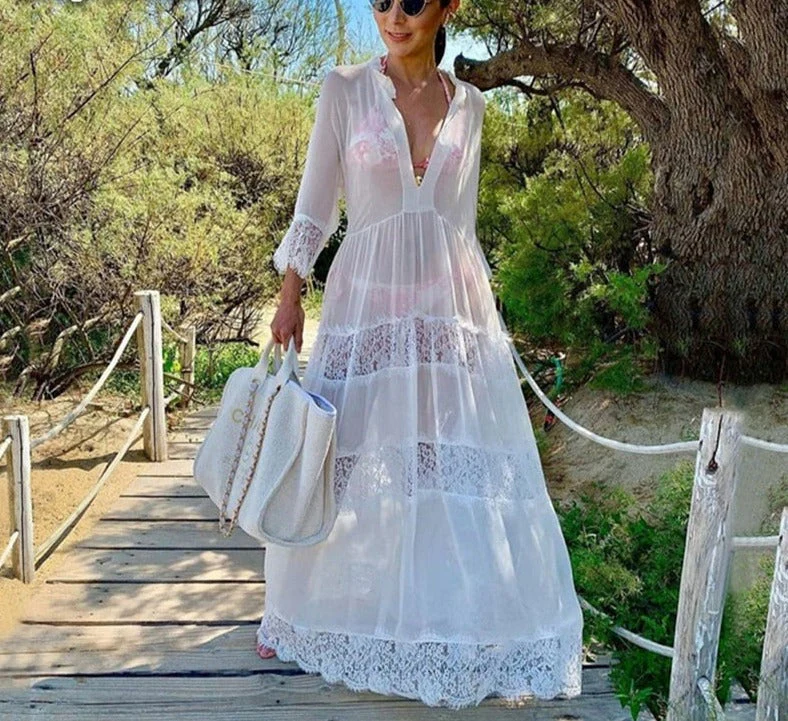 Sexy Lace Chiffon Beach Dress Women Bikini Swimsuit Cover Up Long Beach Dress Tunics Long Sleeves Beach Cover Up Robe De Plage - Deanwangkt