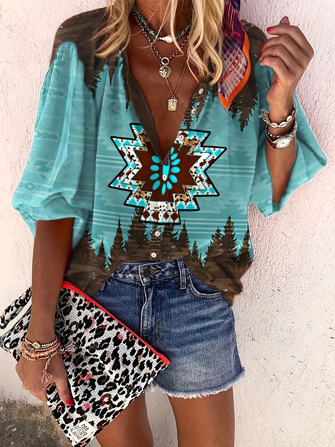 Western Geo Print Blouse, Casual Button V Neck 3/4 Sleeve Blouse For Spring & Summer, Women's Clothing - Deanwangkt