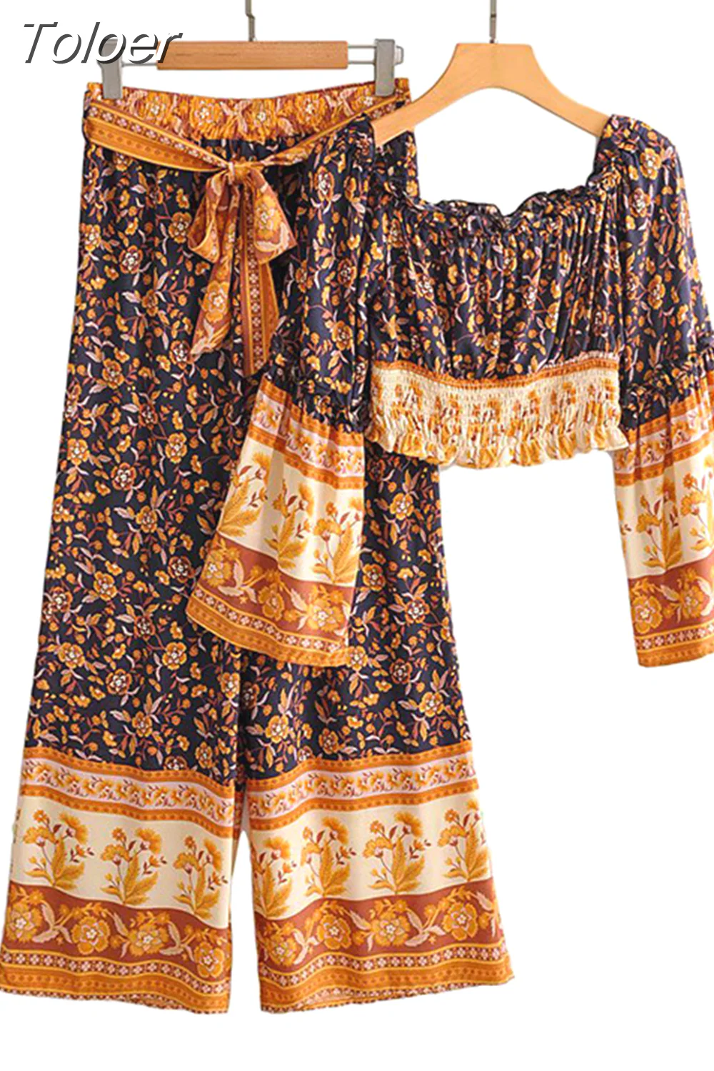 deanwangkt Fashion Boho Vacation Summer Print Women One-Word Collar Flared Sleeve Short Blouses Crop Top + High-Waist Wide-Leg Pants - Deanwangkt