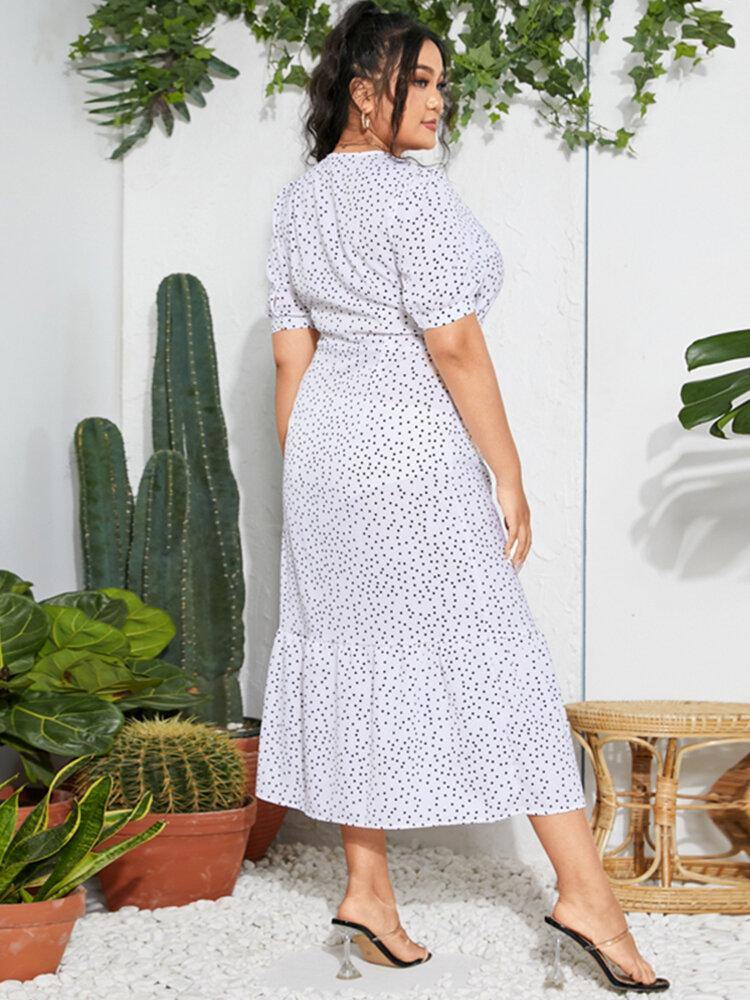 deanwangkt Polka Dot Print V-neck Short Sleeve Buttons Summer Beach Holiday Shirt Dress - Deanwangkt