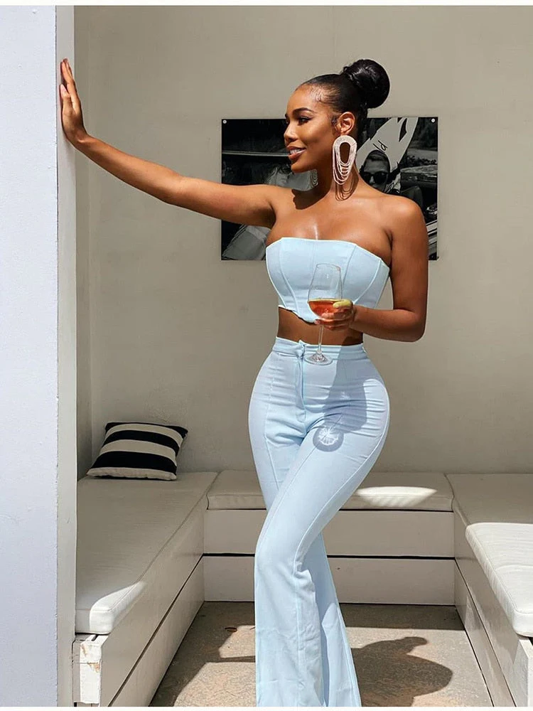 deanwangkt  Boned Corset Crop Top Two Piece Pants Set Women Strapless High Waist Flare Trousers 2 Piece Set Summer Long Suit Tracksuit - Deanwangkt