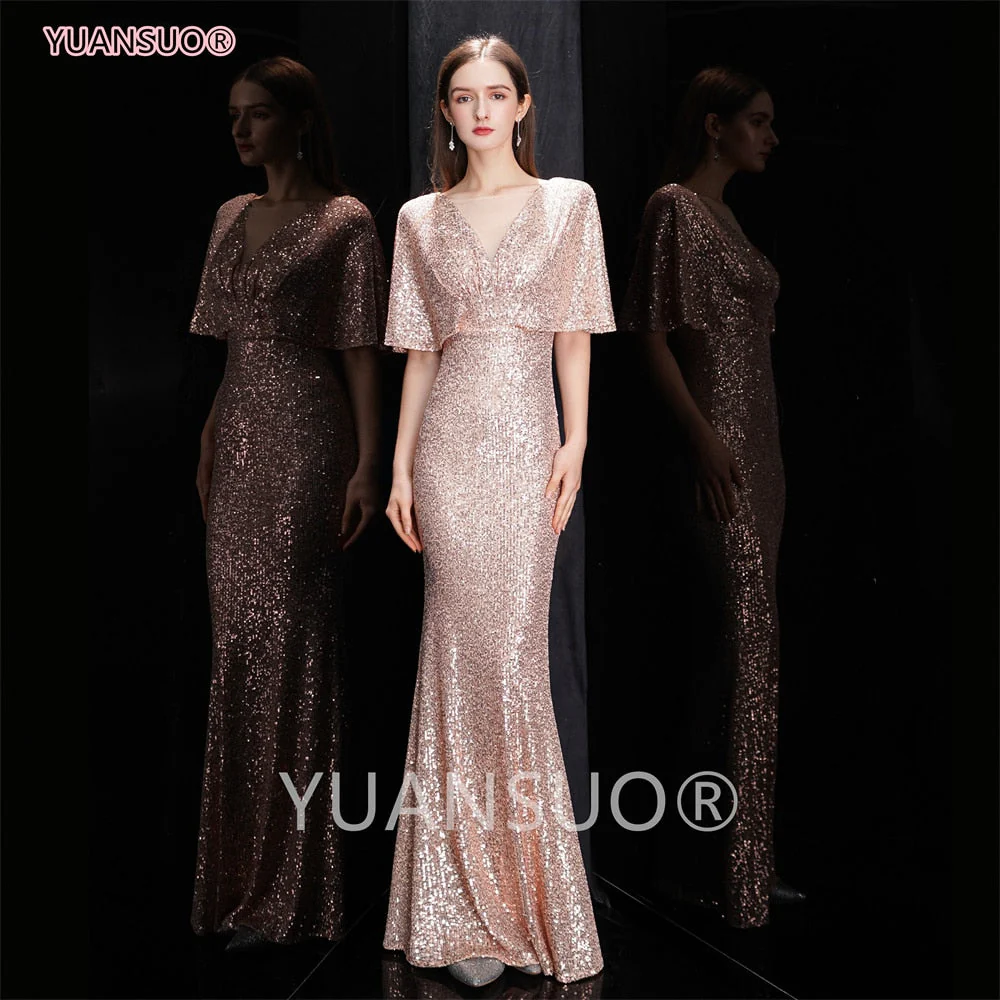 DEANWANGKT Golden Evening Dresses Mermaid Short Sleeves Sexy V Neck Evening Gown Elegant Glitter Bat Sleeves Formal Party Dress - Deanwangkt