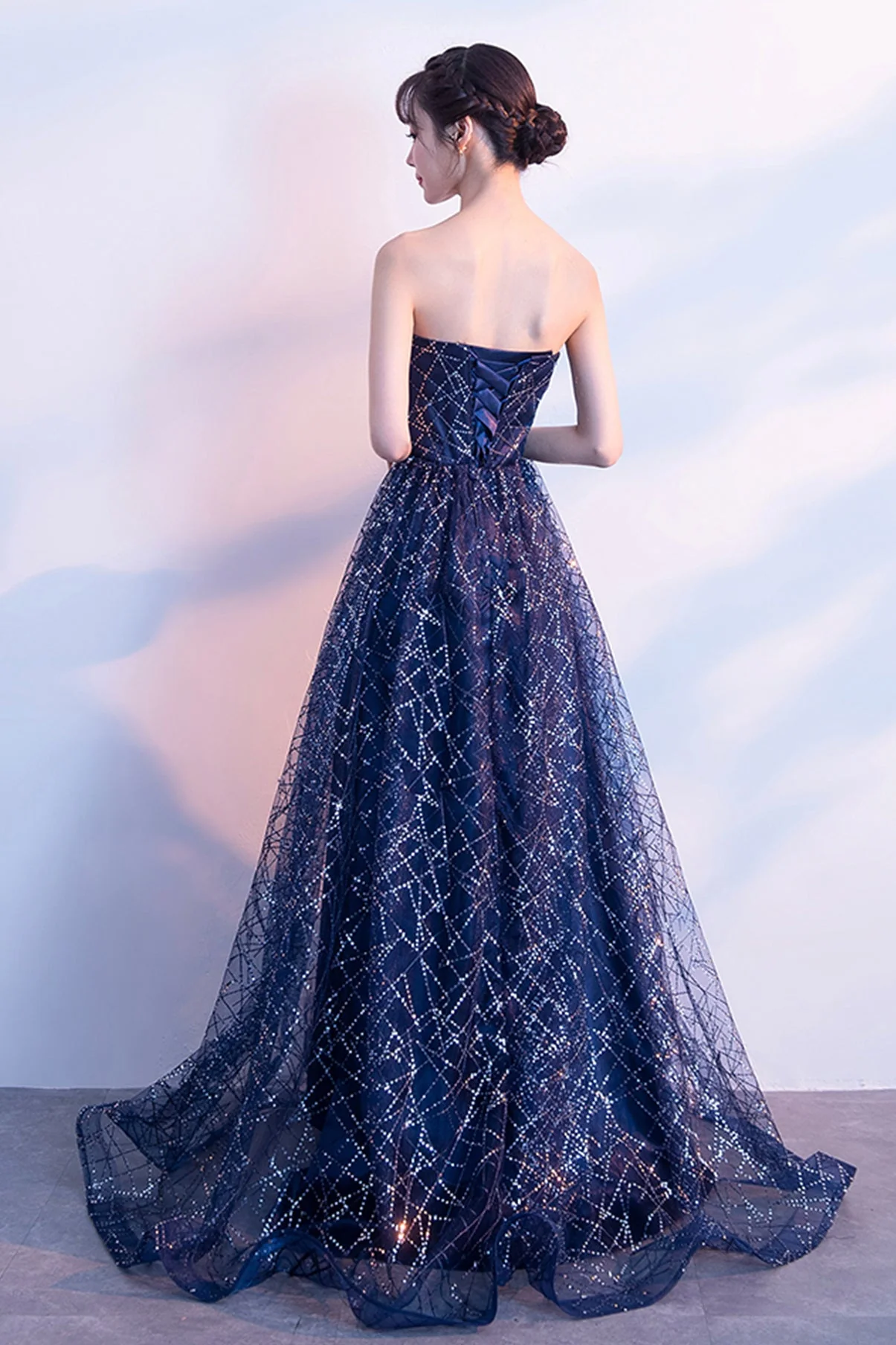 solvbao Blue Tulle Sequins Long Prom Dresses, A-Line Strapless Evening Dresses - Deanwangkt