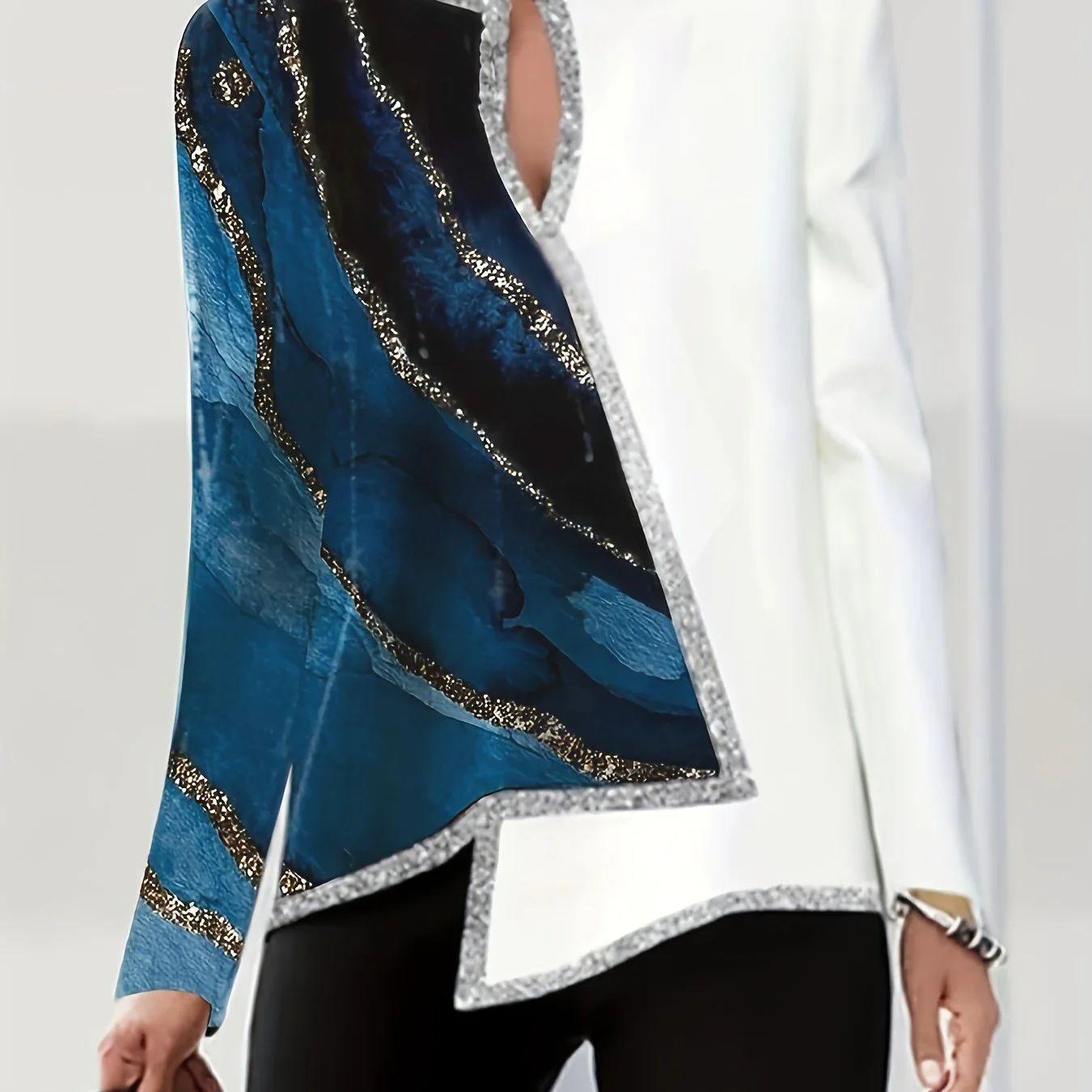 Marble Print Asymmetric Hem Blouse, Casual Notch Neck Long Sleeve Blouse For Spring & Fall, Women's Clothing - Deanwangkt