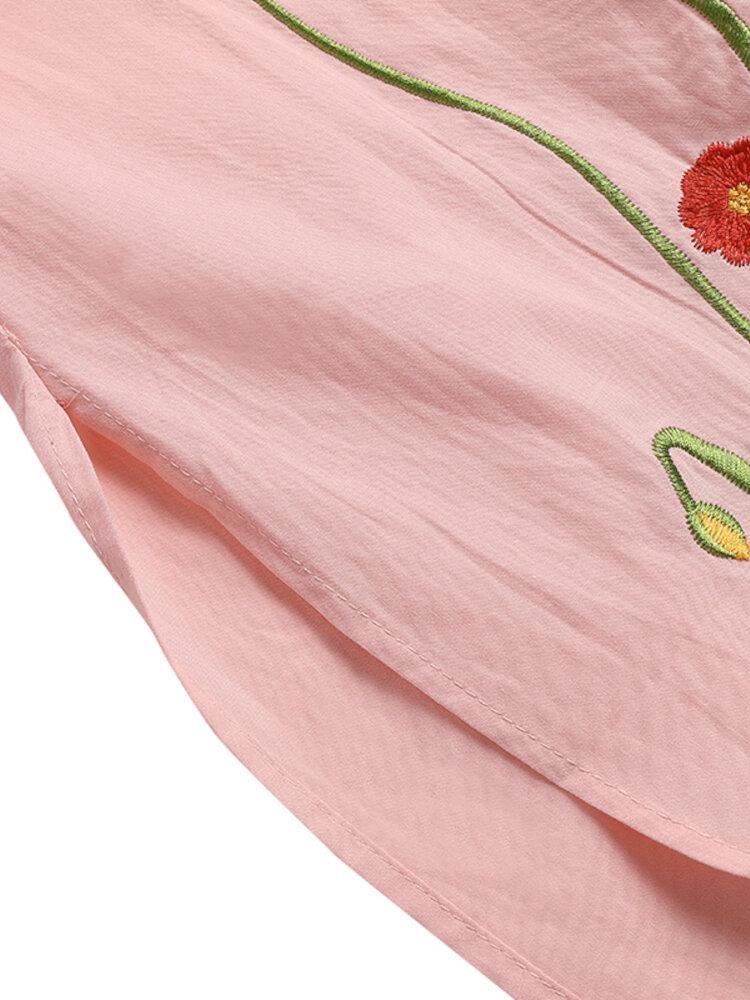 deanwangkt Women Flowers Embroidery Plain Lapel Long Sleeve Side Split Casual Blouse - Deanwangkt