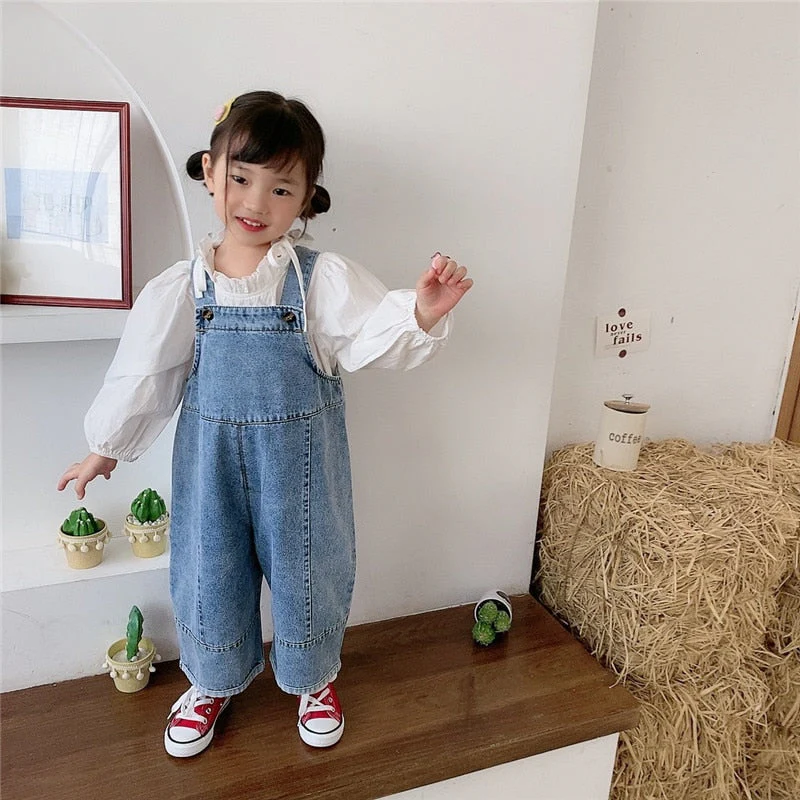 deanwangkt Korean style Spring Kids Children Oversized Wide Leg Denim Overalls Baby Clothes Boys Girls Loose All-match Casual Pants - Deanwangkt