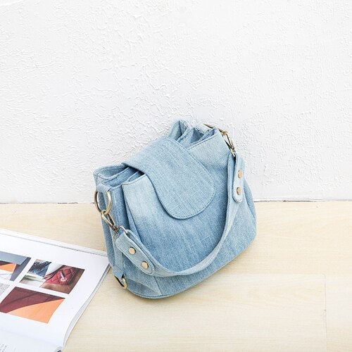 deanwangkt  Casual Denim Bucket bag for women Shoulder Crossbody Bag Multiple pockets  ladies handbag Luxury design Female big Totes blue - Deanwangkt